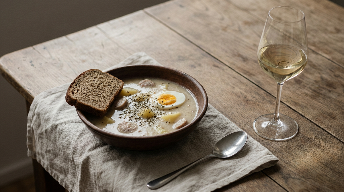 Żurek polonais, soupe beige dans un bol en terre avec saucisse blanche, pommes de terre, demi-œuf dur et marjolaine, pain de seigle, verre de vin blanc, table de bois