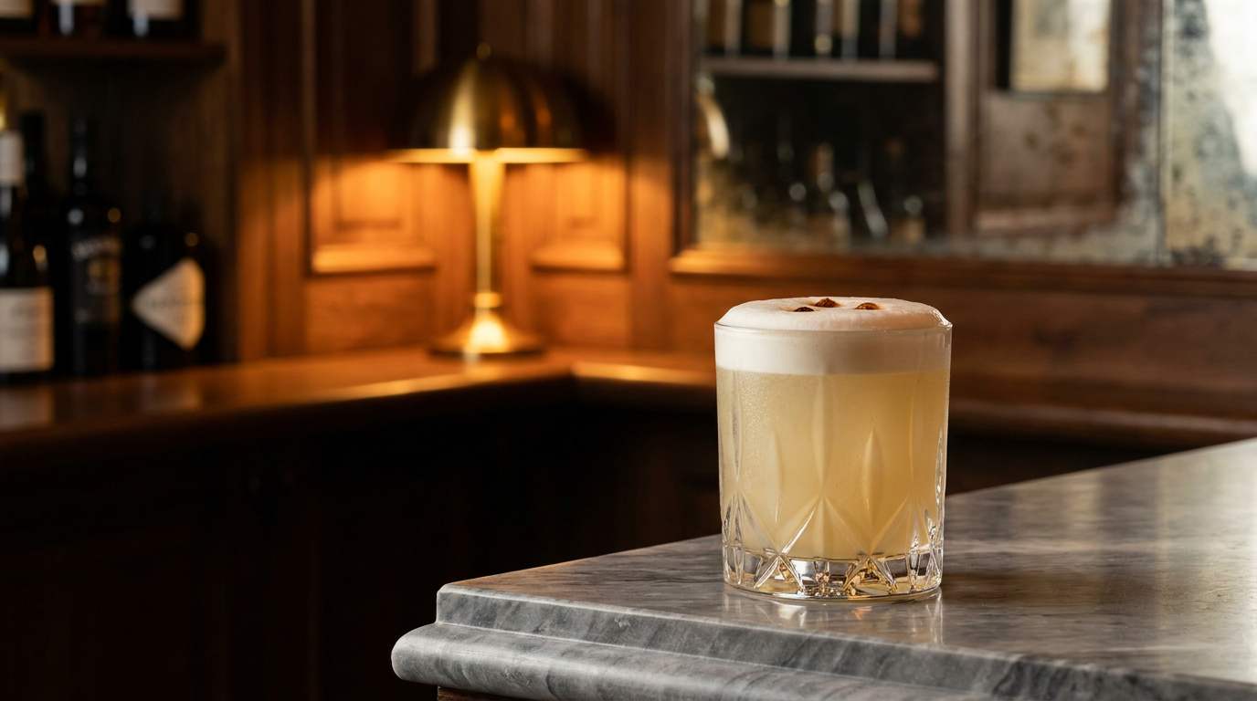Mezcal Sour pâle coiffé d'une mousse blanche dense, gouttes d'amers, comptoir de marbre gris