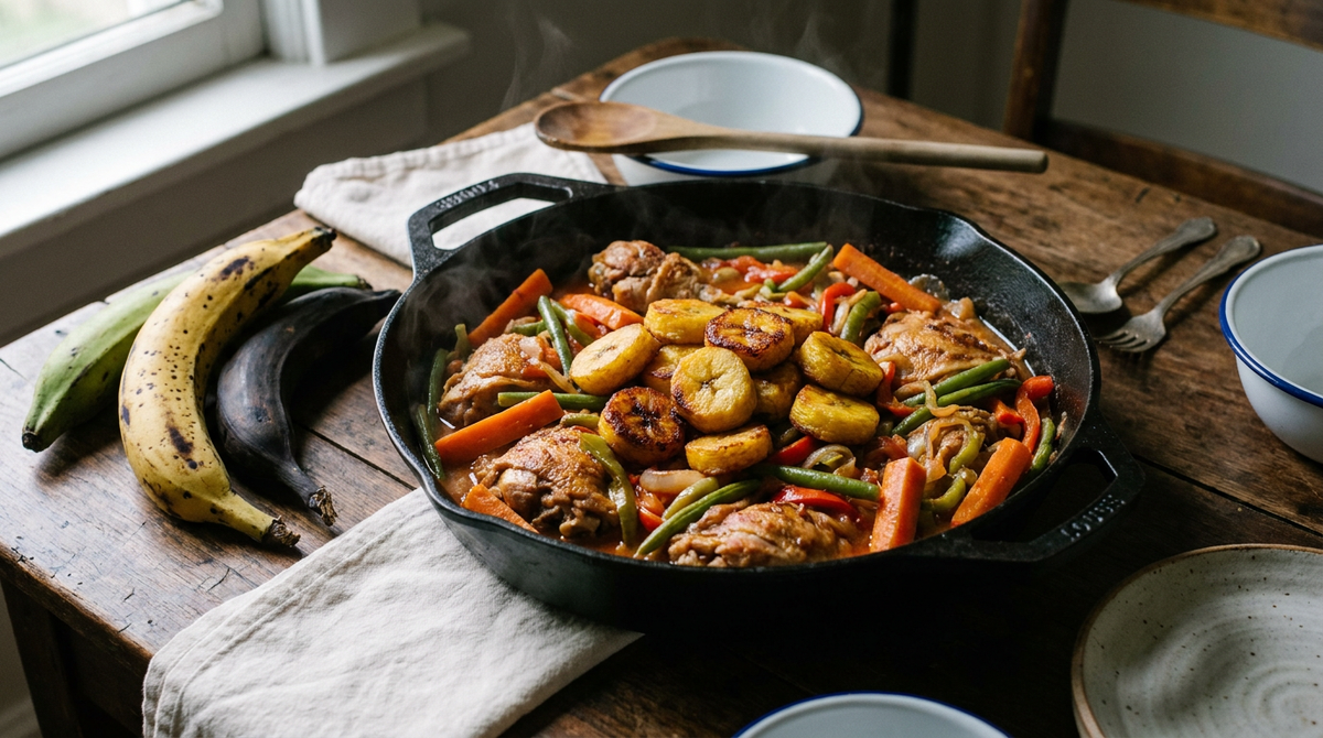 Poulet DG camerounais dans une sauteuse en fonte, rondelles de plantain frites dorées, morceaux de poulet, haricots verts, carottes et poivrons, plantains à trois stades de mûrissement à côté