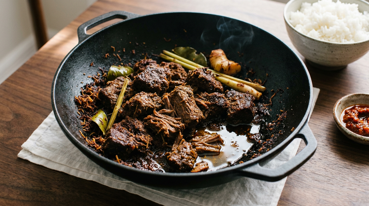 Rendang de bœuf sec dans un wok en fonte, viande effilochée en croûte brun-noir, huile de coco séparée, citronnelle et galanga