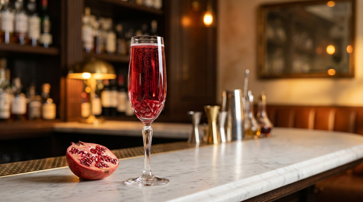 Flûte en cristal d'un cocktail pétillant rouge rubis translucide, quelques graines de grenade au fond du verre et demi-grenade posée, sur un comptoir de marbre veiné dans un bar chic