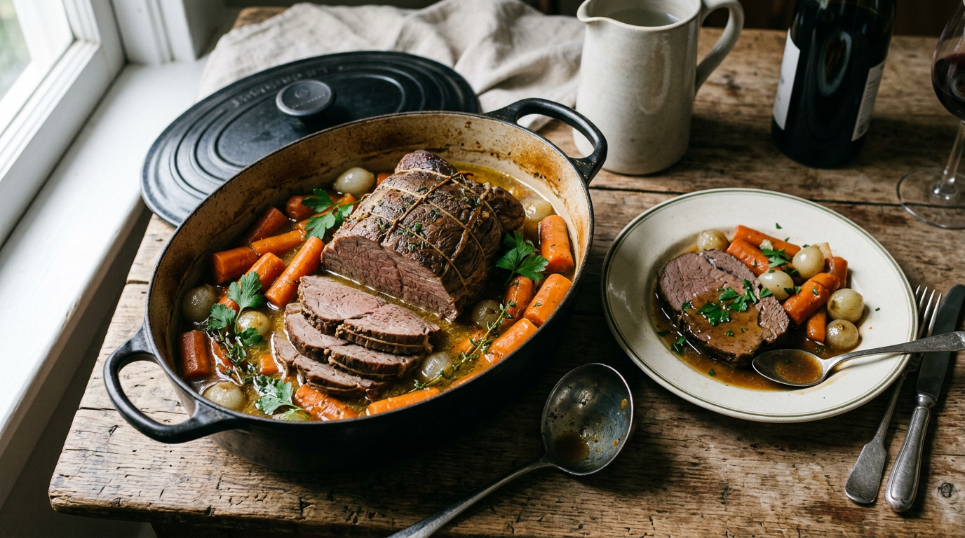 Bœuf mode dans une cocotte ovale en fonte : pièce de bœuf ficelée partiellement tranchée, carottes en gros tronçons et oignons grelots dans un jus doré, assiette servie à côté