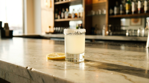 Verre à shooter au bord givré de sucre contenant un liquide jaune pâle trouble, rondelle de citron posée à côté, comptoir de marbre clair, lumière vive de côté