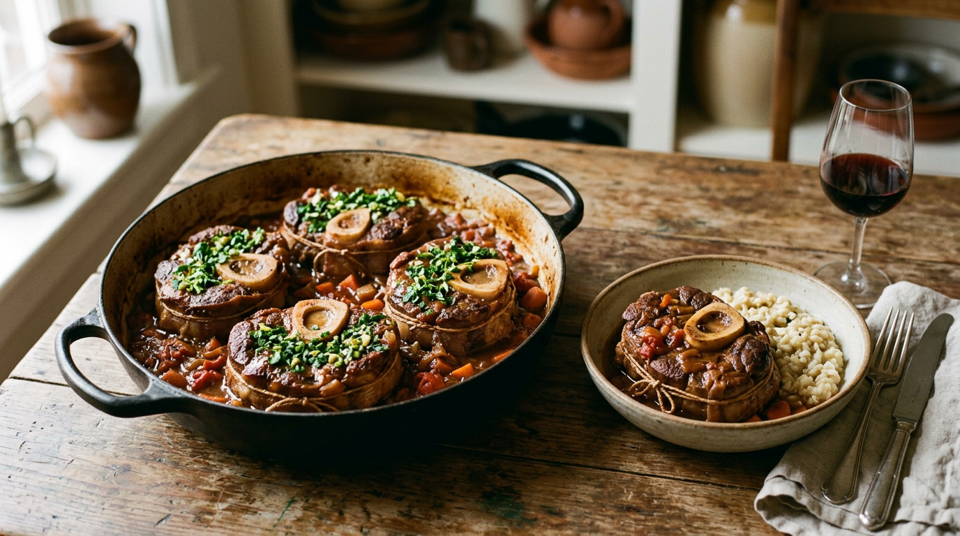 Tranches de jarret de veau braisées et ficelées dans une cocotte en fonte, os central montrant la moelle, sauce aux tomates et carottes, gremolata verte parsemée au dernier moment