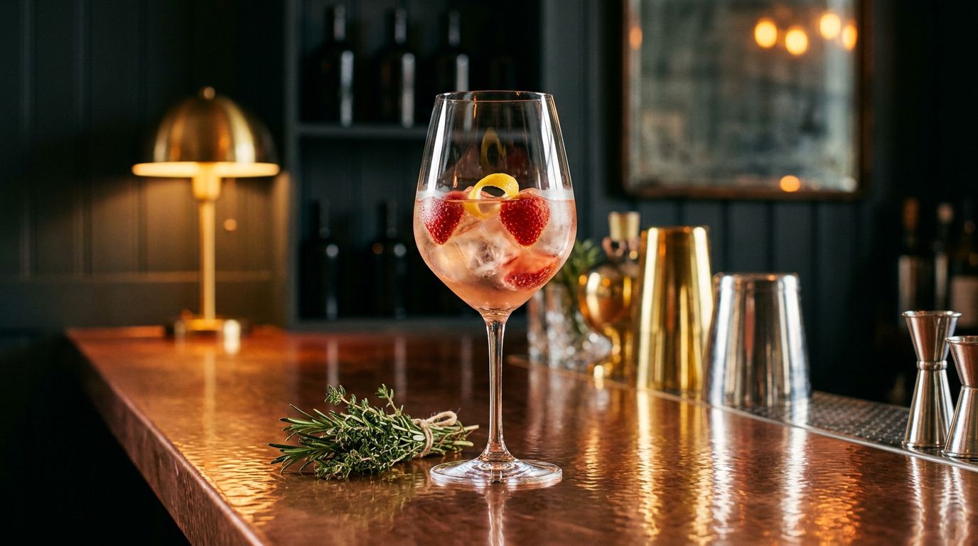 Verre à vin de rosé à la fraise sur glace, fraises coupées en deux dans le verre, comptoir en cuivre martelé