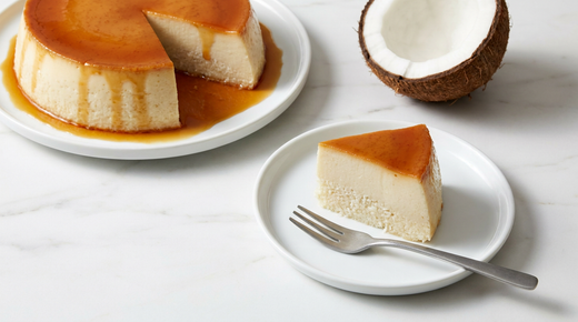 Flan coco antillais démoulé sur une assiette blanche, ivoire et dense, nappé de caramel ambré, une part coupée montrant la couche de noix de coco râpée, demi-noix de coco, marbre blanc