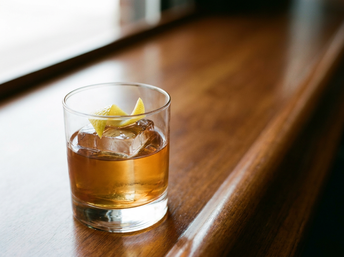 Improved Whiskey Cocktail : verre old fashioned avec un gros glaçon, whiskey ambré et zeste de citron