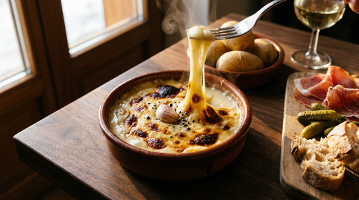 Berthoud, abondance fondu et gratiné dans un caquelon, fil de fromage tiré à la fourchette