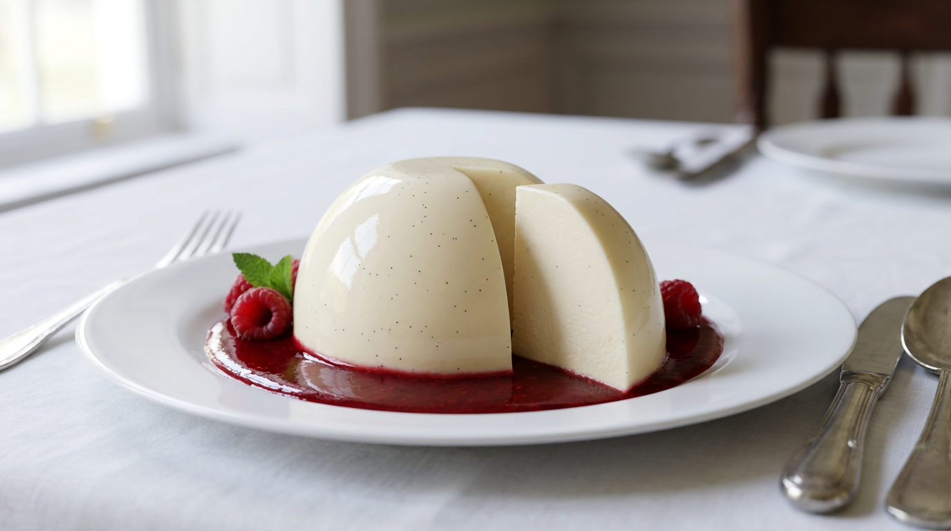 Bavarois à la vanille démoulé en dôme satiné, une part coupée à l'arête nette, coulis de framboise autour et framboises fraîches