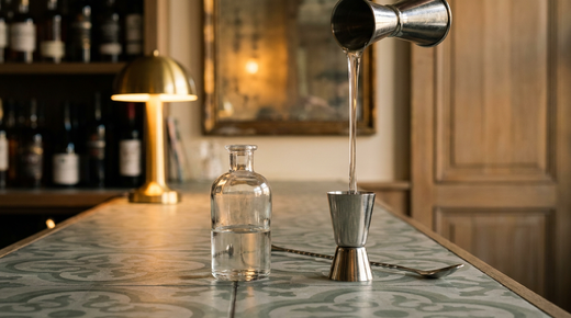 Sirop de gomme transparent et visqueux versé lentement d'une petite bouteille dans un jigger, comptoir de carreaux de ciment gris-vert