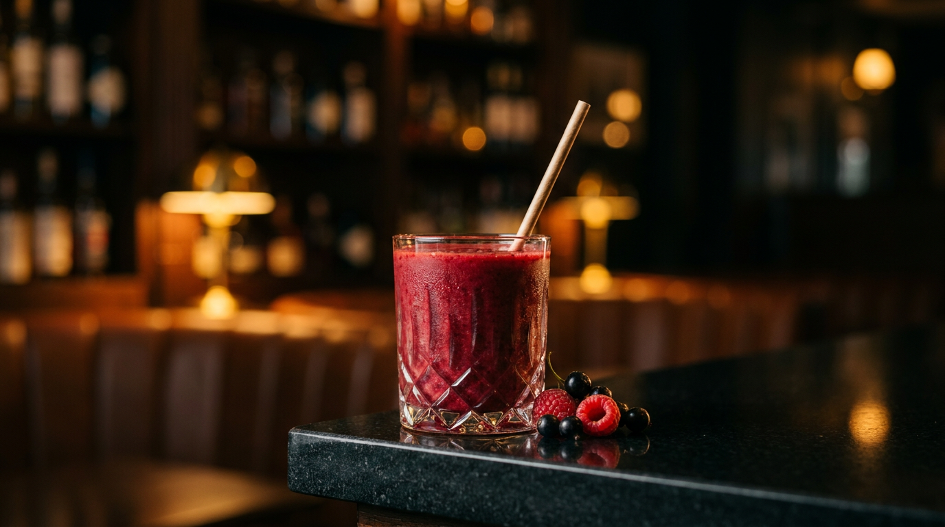 Smoothie aux fruits rouges dans un verre épais, framboises et cassis à côté, plan de granit noir