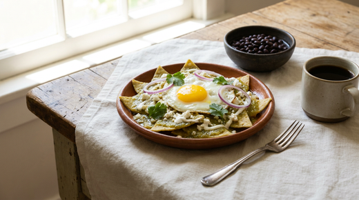 Assiette en terre cuite de chilaquiles verdes, triangles de tortilla nappés de salsa verte, œuf au plat coulant, fromage émietté, oignon rouge et coriandre, bol de haricots noirs, tasse de café, table de bois