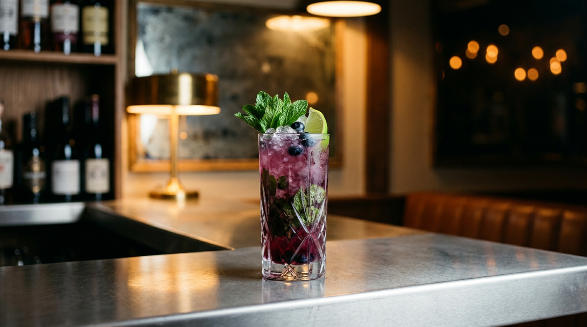 Mojito myrtille violet dans un grand verre sur glace pilée, bouquet de menthe et myrtilles entières, plan de bar en inox