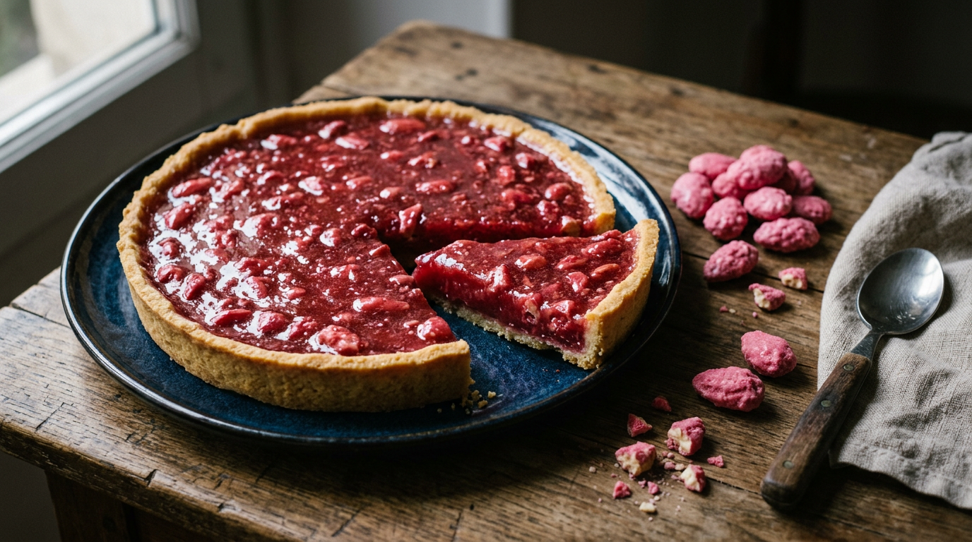 Tarte aux pralines roses de Lyon sur pâte sablée dorée, garniture rose framboise brillante parsemée d'éclats d'amandes, une part coupée, pralines roses entières et concassées à côté