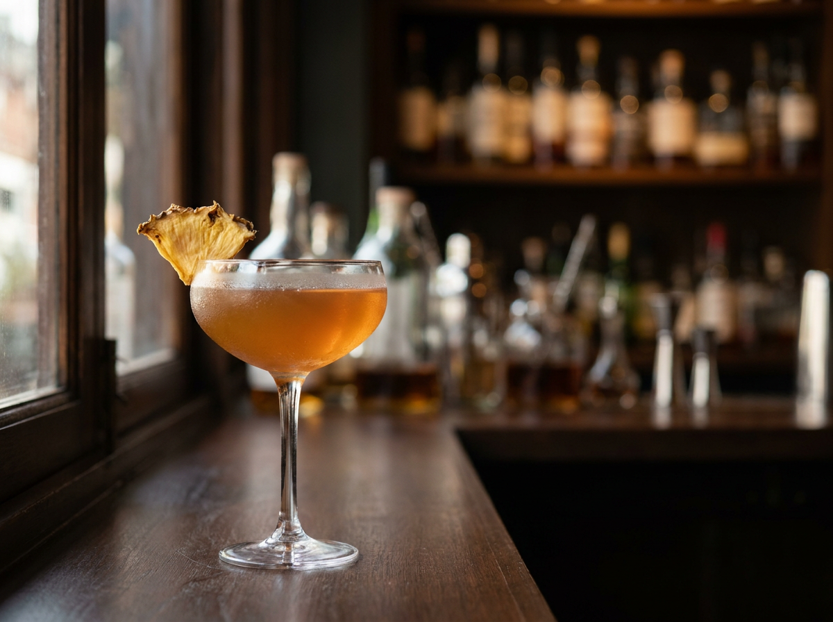 Cocktail Algonquin dans un verre à cocktail, robe dorée pâle et fine mousse d'ananas, lumière naturelle
