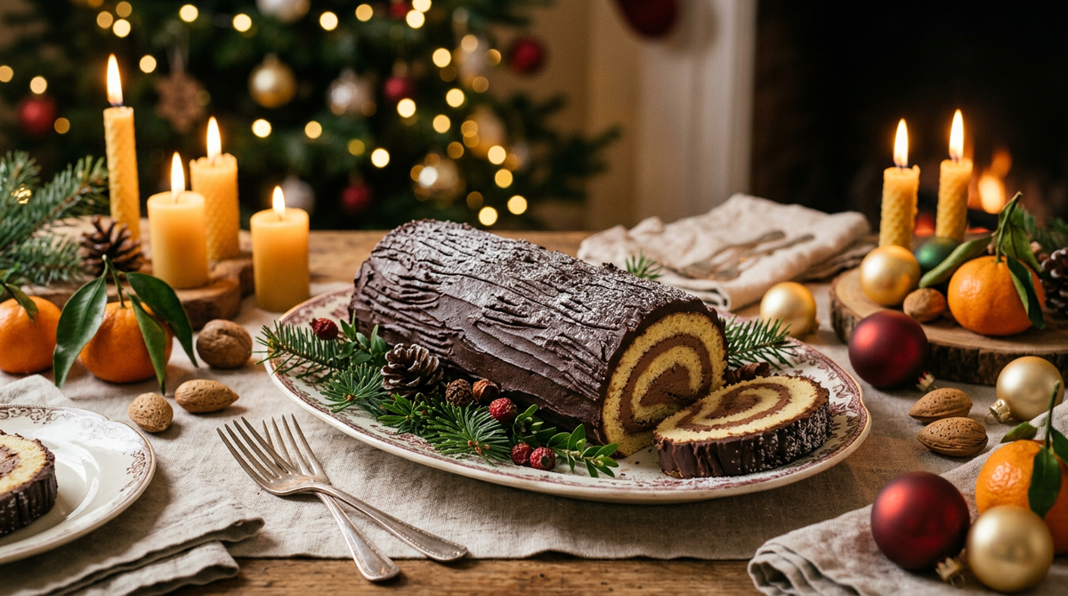 Bûche de Noël roulée au chocolat, une part tranchée montrant la spirale, sur une table de fête avec bougies, sapin décoré en arrière-plan, boules dorées et rouges, mandarines et noix