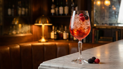Grand verre à vin rempli de glace et d'un spritz rouge orangé, framboises et mûres dans le verre et quelques fruits posés à côté, sur un comptoir de marbre veiné dans un bar chic