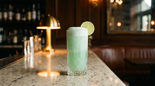 Limonada suiza vert pâle et mousseuse dans un verre haut, rondelle de citron vert sur le bord, comptoir de granit clair moucheté