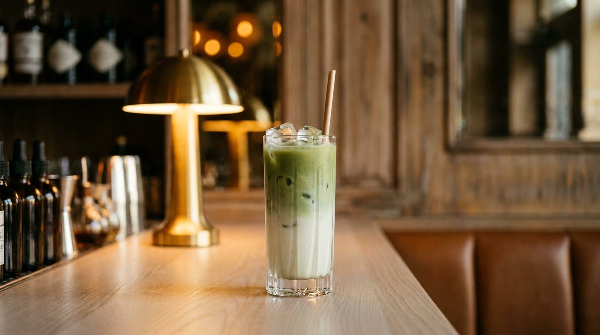 Matcha latte glacé à deux couches dans un grand verre, glaçons et paille, comptoir de frêne clair