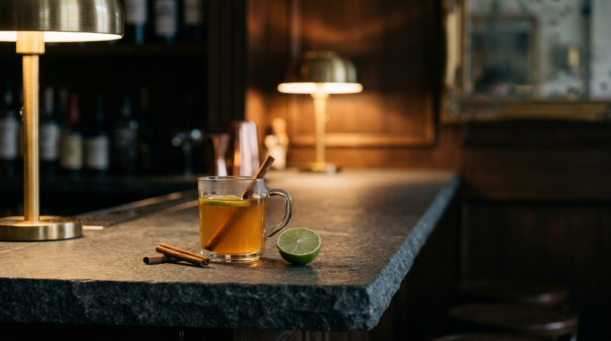 Canelazo servi chaud dans un verre à anse, bâton de cannelle et rondelle de citron vert