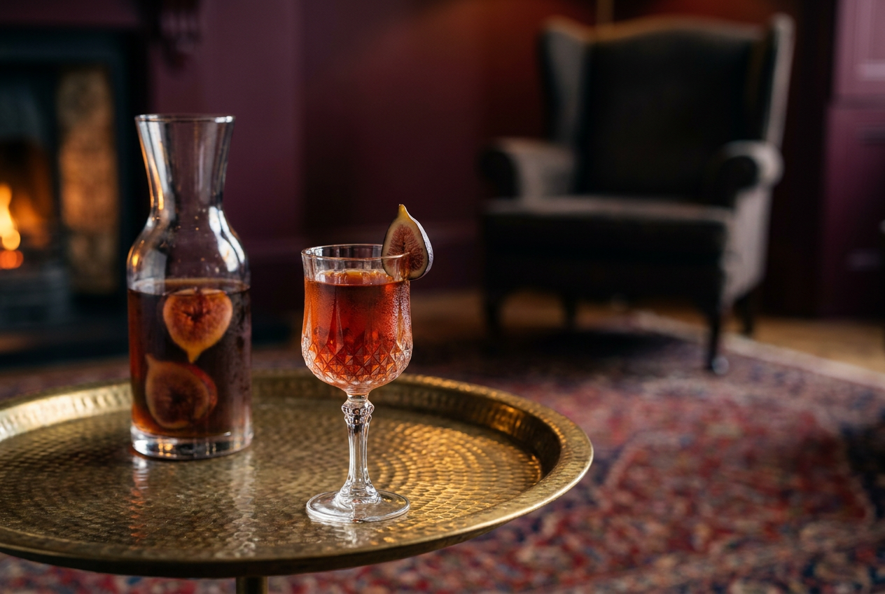 Verre de cristal de rhum arrangé à la figue et carafe de macération sur un plateau de laiton, dans un fumoir aux murs bordeaux au coin du feu