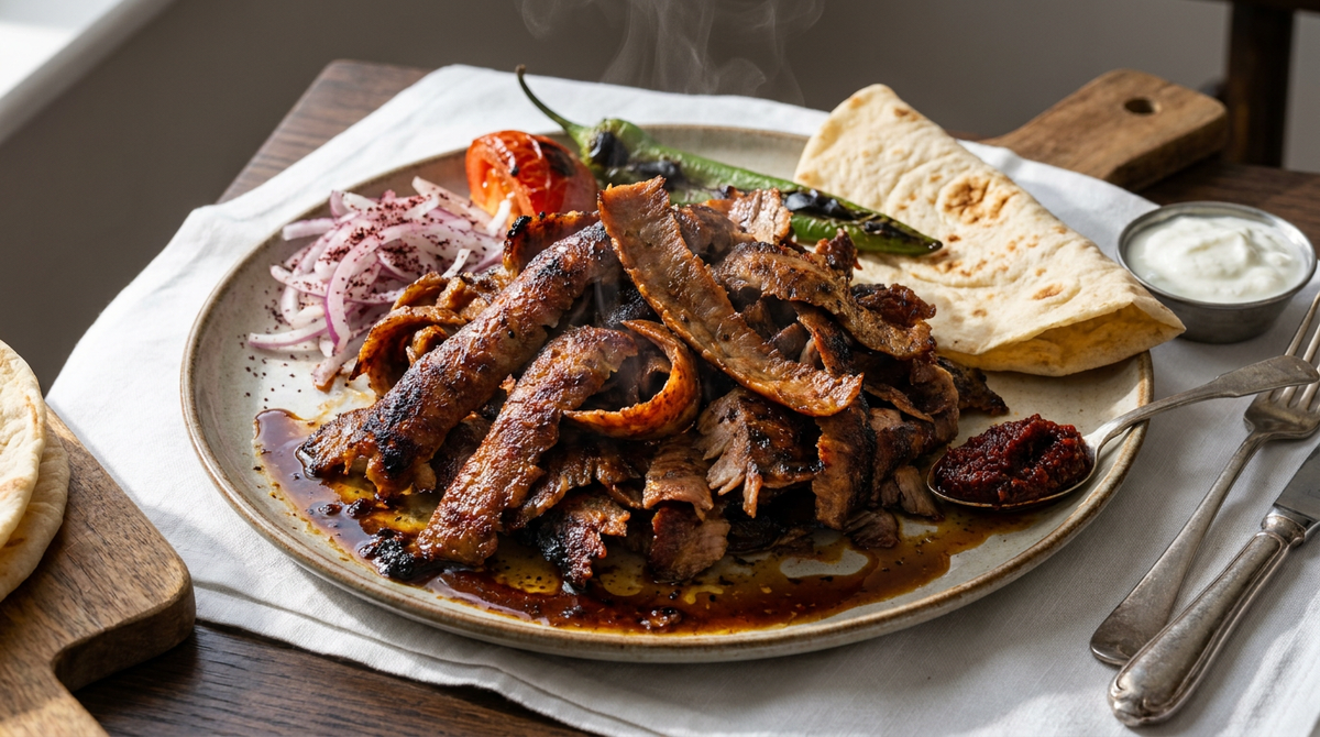 Kebab maison, copeaux de viande finement tranchés aux bords caramélisés, oignons au sumac, poivron grillé, pain plat et sauce au yaourt