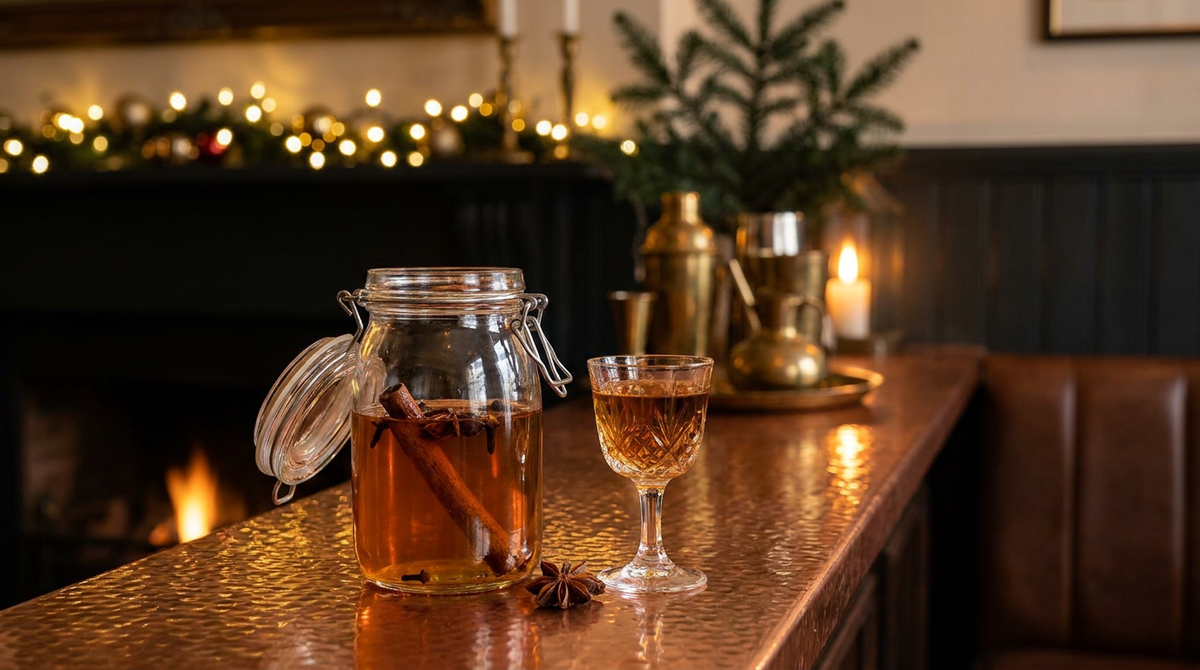 Bocal de rhum arrangé au caramel et aux épices, bâton de cannelle et étoile de badiane dans le rhum ambré, sur un comptoir de cuivre martelé, petit verre servi, guirlande dorée floue au fond