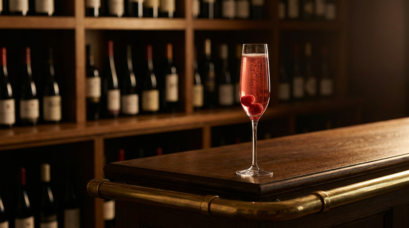 Flûte de Kir Impérial, robe framboise translucide et deux framboises au fond, sur un comptoir de caviste