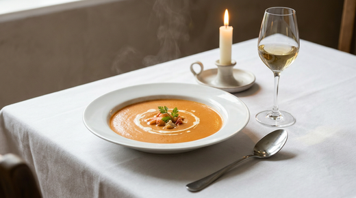 Assiette creuse de bisque de homard orange corail, crème, cerfeuil, nappe blanche, verre de vin blanc