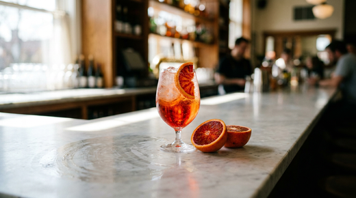 Mocktail orange rougeoyant dans un verre à pied sur glace, demi-rondelle d'orange sanguine sur le bord, oranges coupées à côté, comptoir de marbre clair, lumière de printemps