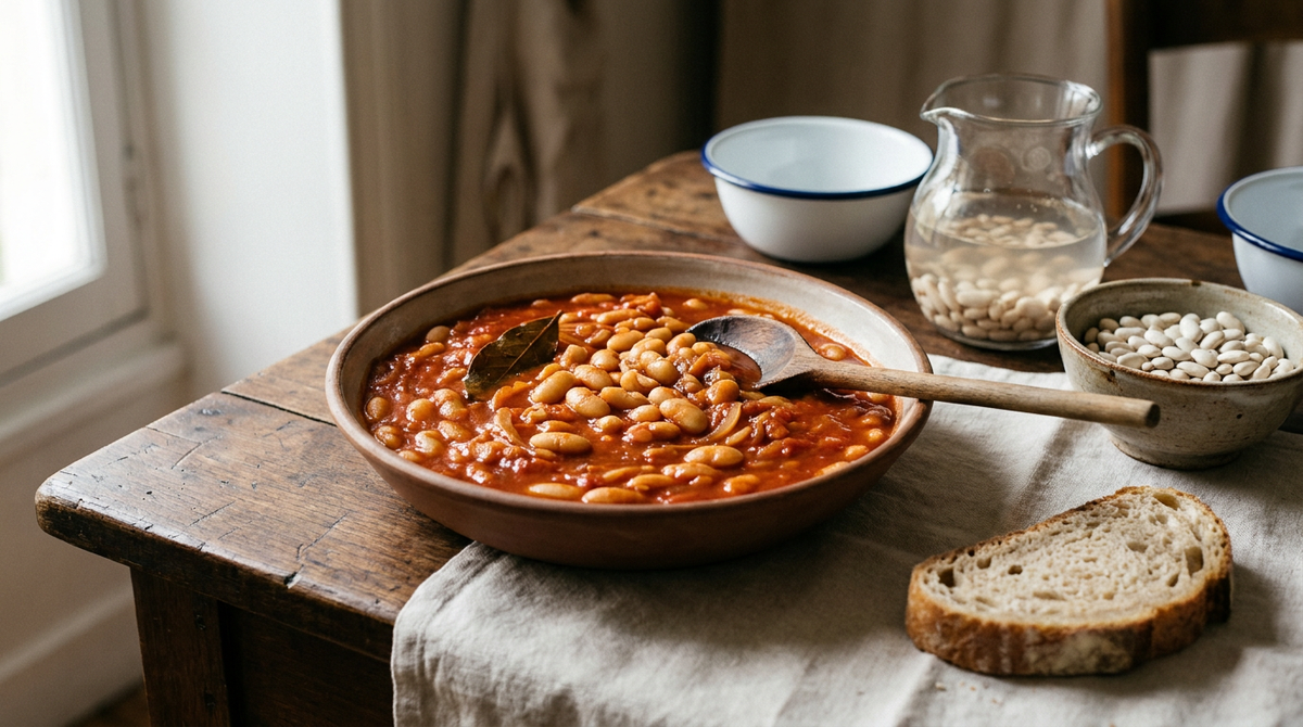 Haricots blancs à la tomate dans un plat en terre, grains entiers et crémeux dans une sauce brique épaisse, laurier, bol de haricots secs, bocal de haricots en trempage et pain de campagne
