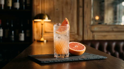 Grand verre rempli de glace et d'un apéritif orange pâle pétillant, quartier de pamplemousse rose sur le bord et demi-pamplemousse posé, sur une ardoise noire dans un bar chic