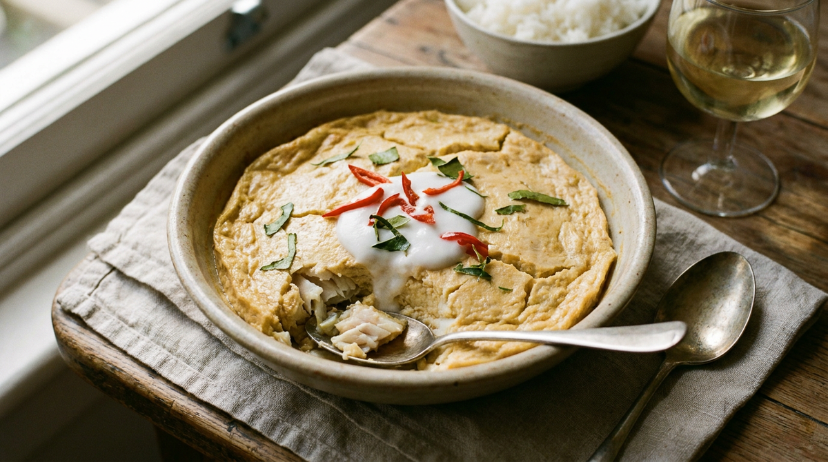 Amok de poisson cambodgien dans un plat en céramique, flan de poisson au lait de coco et curcuma entamé à la cuillère, crème de coco, piment rouge et feuilles de combava, bol de riz jasmin, verre de vin blanc
