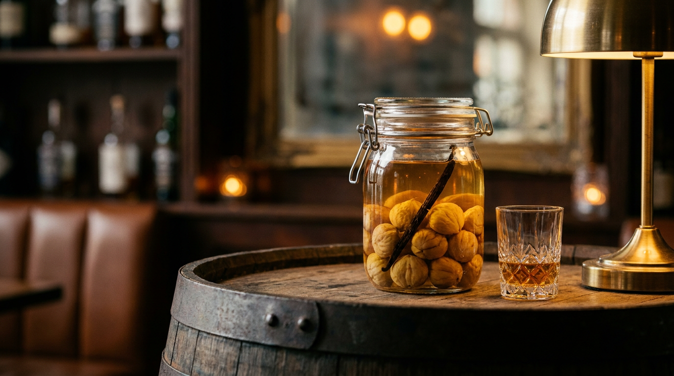 Bocal de châtaignes et de gousse de vanille macérant dans un rhum doré, petit verre de dégustation devant, sur une tête de tonneau de chêne