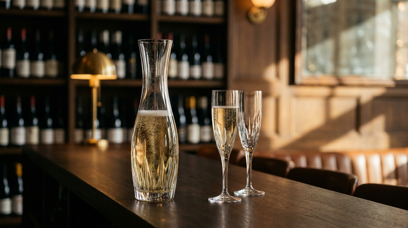 Carafe de vin pétillant et deux flûtes sur le comptoir d'un caviste