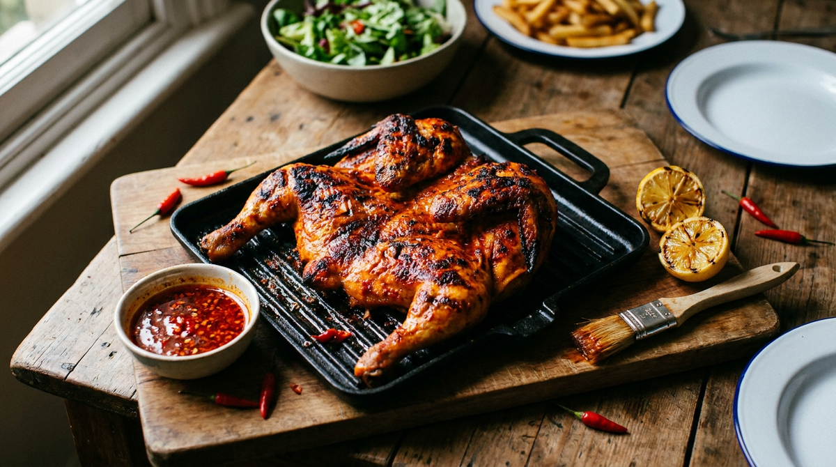 Poulet piri-piri mozambicain ouvert en crapaudine sur un gril en fonte, peau laquée orange vif et charbonnée aux extrémités, bol de marinade huileuse aux flocons de piment, citrons grillés