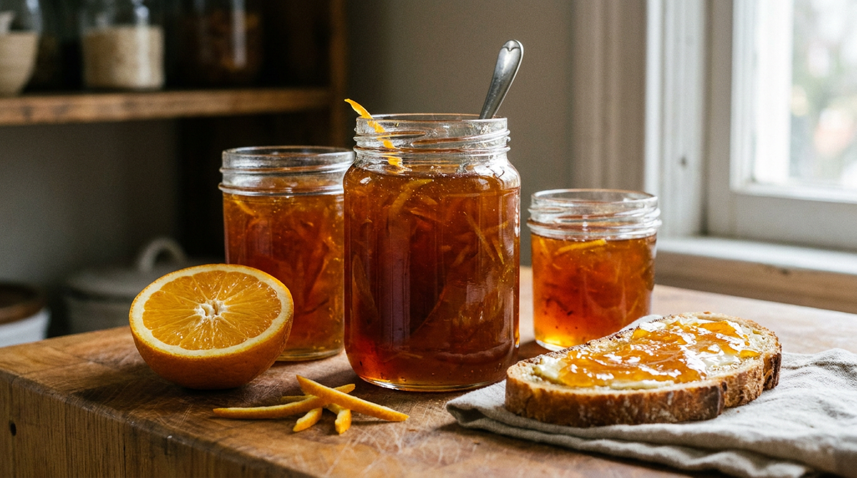 Trois bocaux de marmelade d'oranges amères maison, ambre translucide aux fines lanières d'écorce en suspension, un bocal ouvert avec sa cuillère, demi-orange, tartine beurrée à la marmelade, plan de travail en chêne