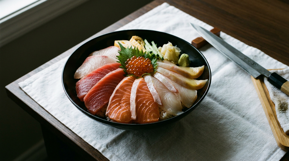 Chirashi japonais en bol laqué noir, tranches de thon, saumon et daurade aux faces de coupe lisses et brillantes, œufs de saumon