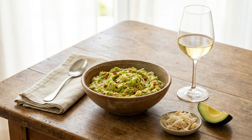 Bol rustique de féroce d'avocat martiniquais, purée verte d'avocat et de morue effilochée, éclats de piment, quartier d'avocat, verre de vin blanc, table de bois
