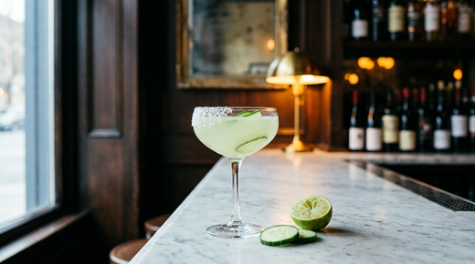 Margarita au concombre en coupe, bord salé et ruban de concombre, sur un comptoir de marbre blanc