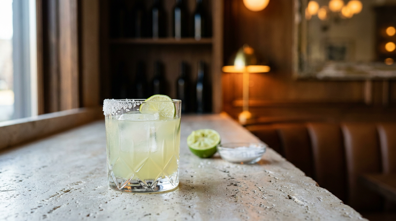 Virgin margarita sur glaçon, bord salé et rondelle de citron vert, sur un comptoir de pierre