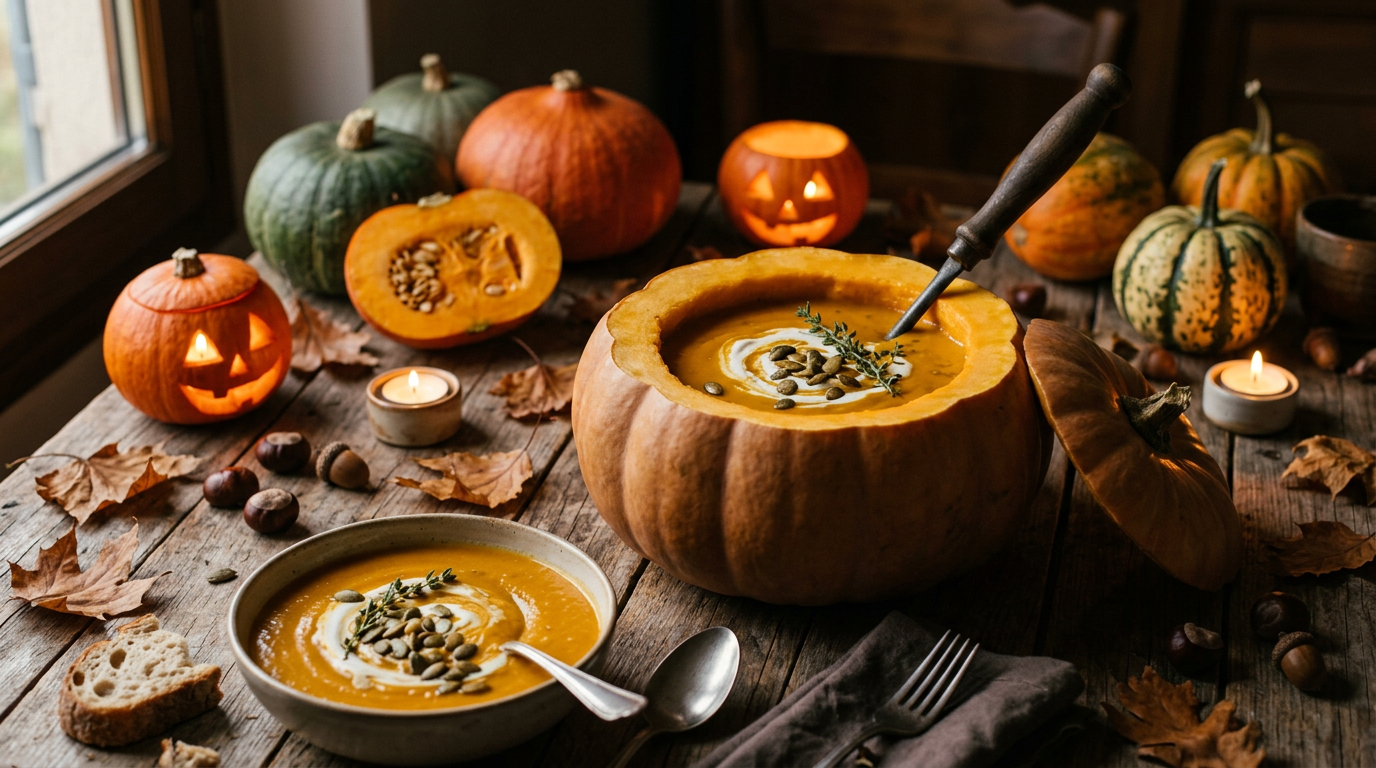 Soupe de potiron veloutée servie dans une grosse citrouille évidée sur une table d'Halloween : courges, feuilles mortes, marrons, lanternes en courge et bougies allumées
