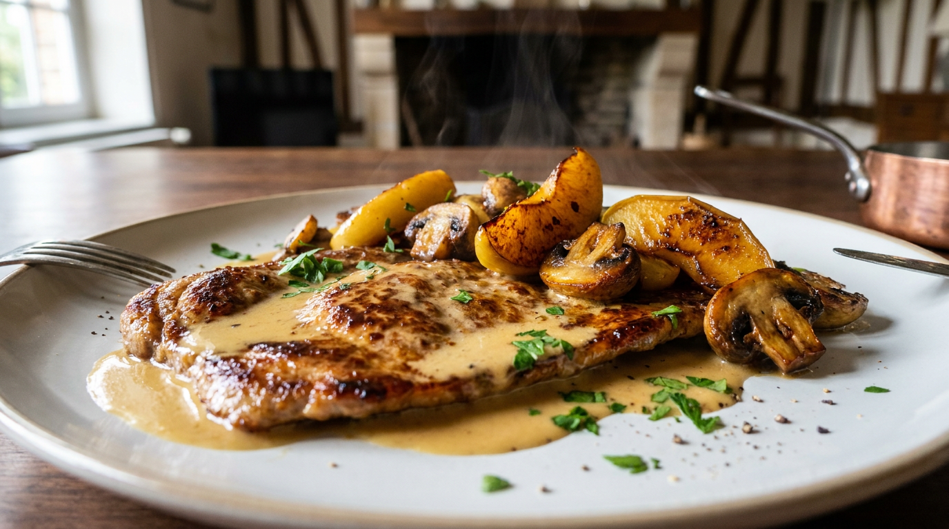 Escalope normande dorée nappée de sauce ivoire, pommes caramélisées et champignons rissolés