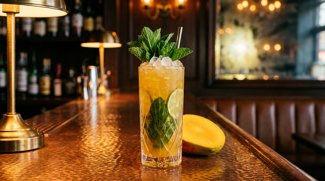 Mojito à la mangue en verre haut, glace pilée et bouquet de menthe, sur un comptoir de cuivre
