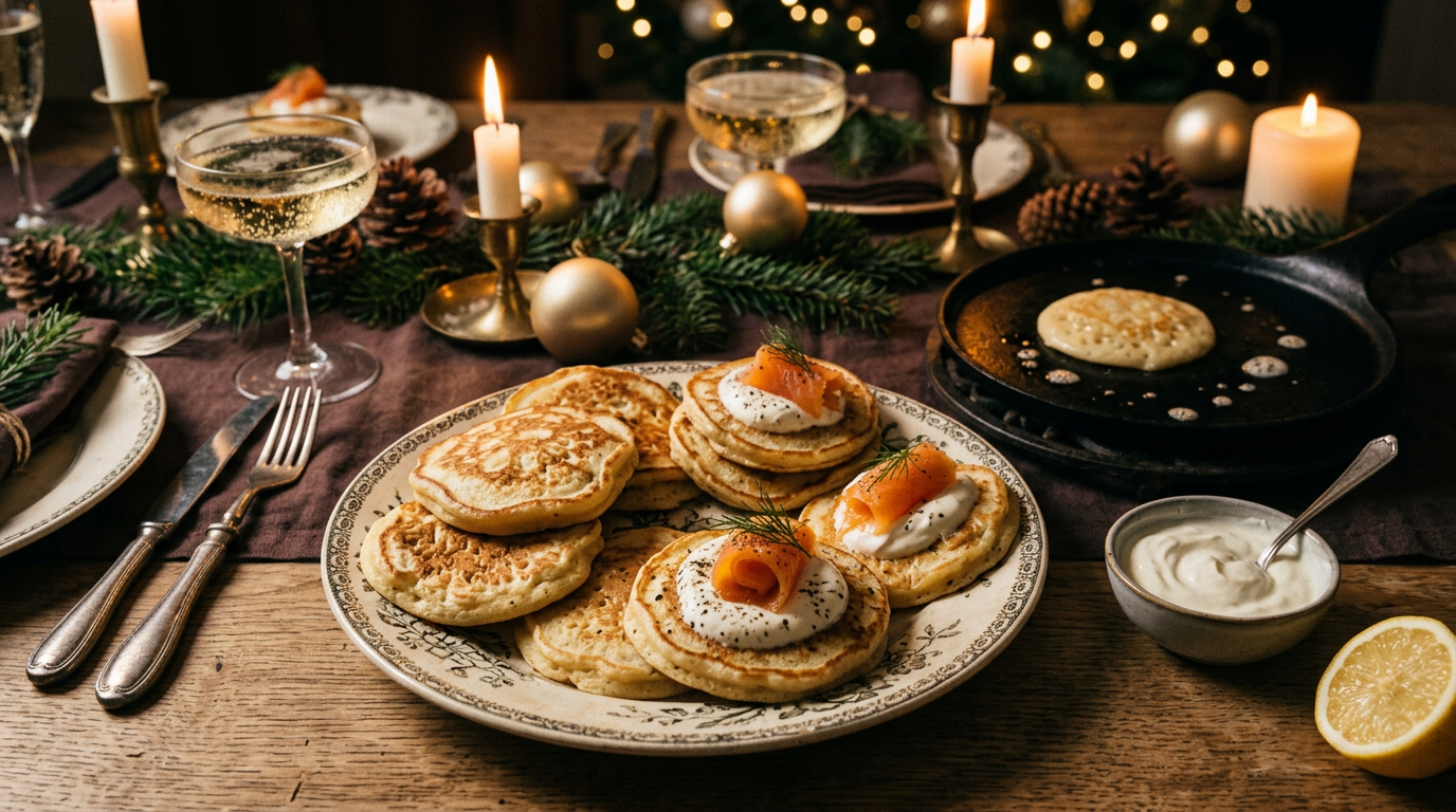 Blinis maison dorés et alvéolés sur une assiette ancienne, trois garnis de crème et de saumon fumé, poêle en fonte avec un blini en cuisson, sur une table de fête aux bougies