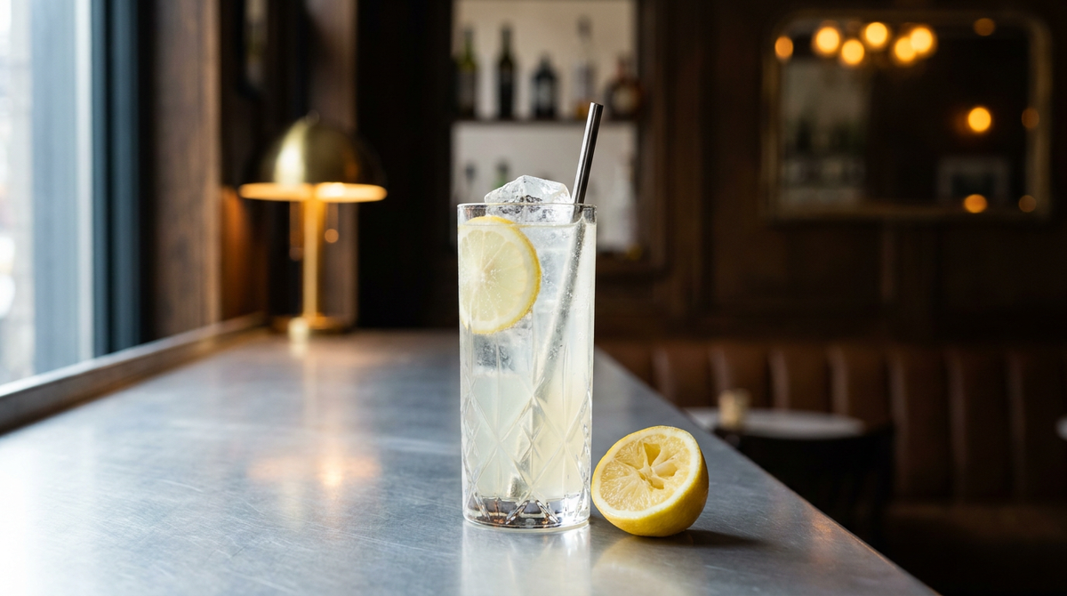 Vodka lemon en verre haut sur glace, rondelle de citron, sur un comptoir d'inox brossé