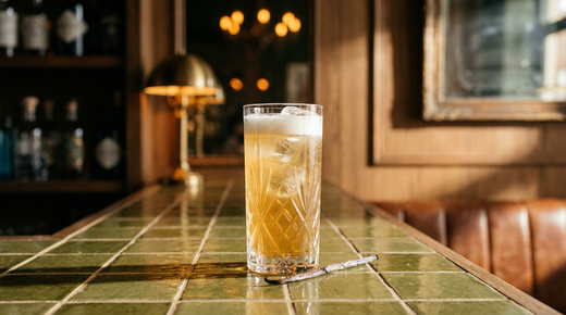 Cream soda doré et pétillant dans un verre haut avec une mousse fine, gousse de vanille posée à côté, comptoir de zellige vert olive