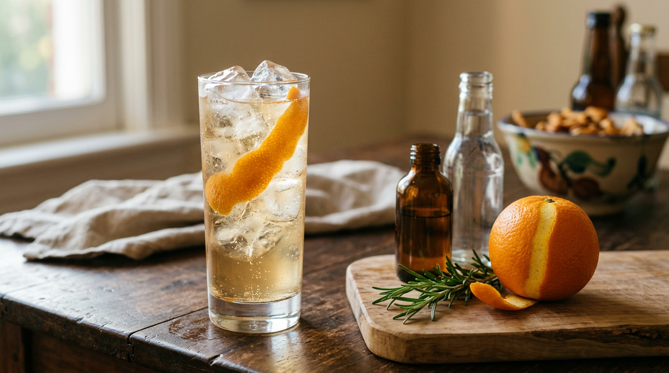 Verre highball rempli de glace, vermouth tonic ambré pâle et pétillant, large zeste d'orange enroulé dedans, orange et brin de romarin sur une planche