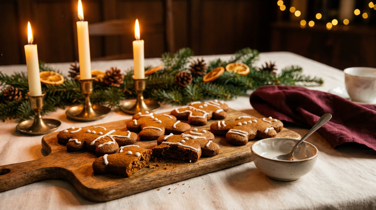 Bonshommes en pain d'épices décorés au glaçage blanc, six biscuits irréguliers sur une planche en bois, un cassé en deux, bol de glaçage avec une cuillère, bougies, branches de sapin, tasse de thé