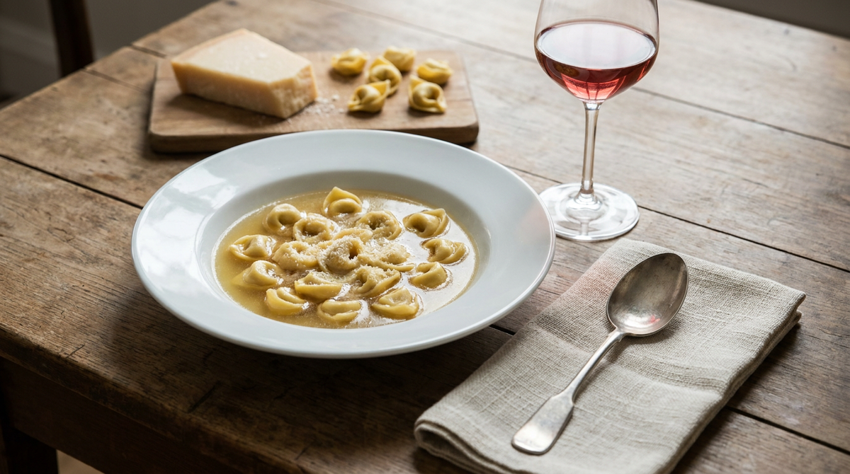 Assiette creuse de bouillon doré avec des tortellini pliés à la main et du parmesan râpé, tortellini crus sur une planche, verre de vin rouge, cuillère, table de bois